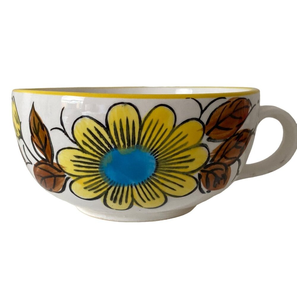 Soup Cup Mug Large JAPAN Hand Painted Vintage Yellow Brown Blue White
